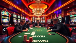 Experience the thrill of poker at 32WIN with professionals strategizing at a vibrant casino table.