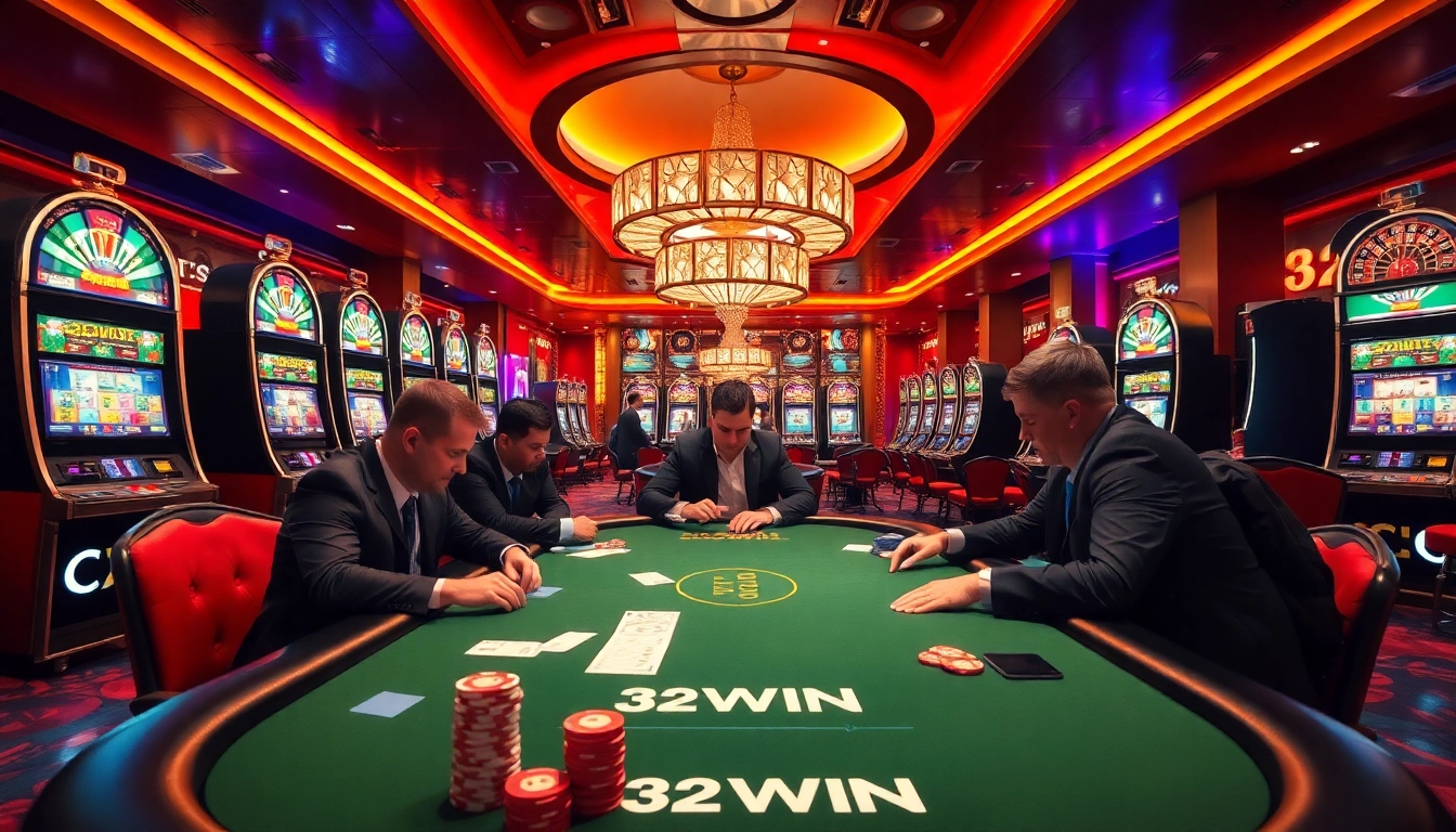 Experience the thrill of poker at 32WIN with professionals strategizing at a vibrant casino table.
