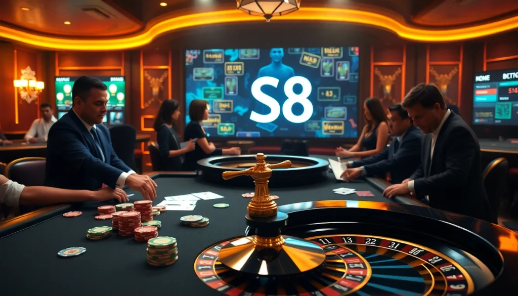 Players placing bets and celebrating wins at the S8 casino table with vibrant chips and cards.