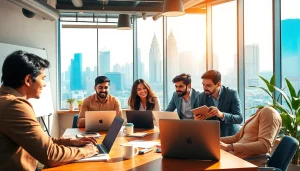 Engaged entrepreneurs collaborating in a trendy workspace showcasing startup kolkata.