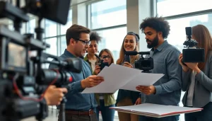 Engaging corporate video production process showcasing teamwork and advanced technology.