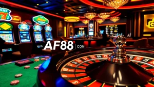 Capturing the excitement of gambling at AF88 COM with a lively casino scene featuring a roulette wheel and players.