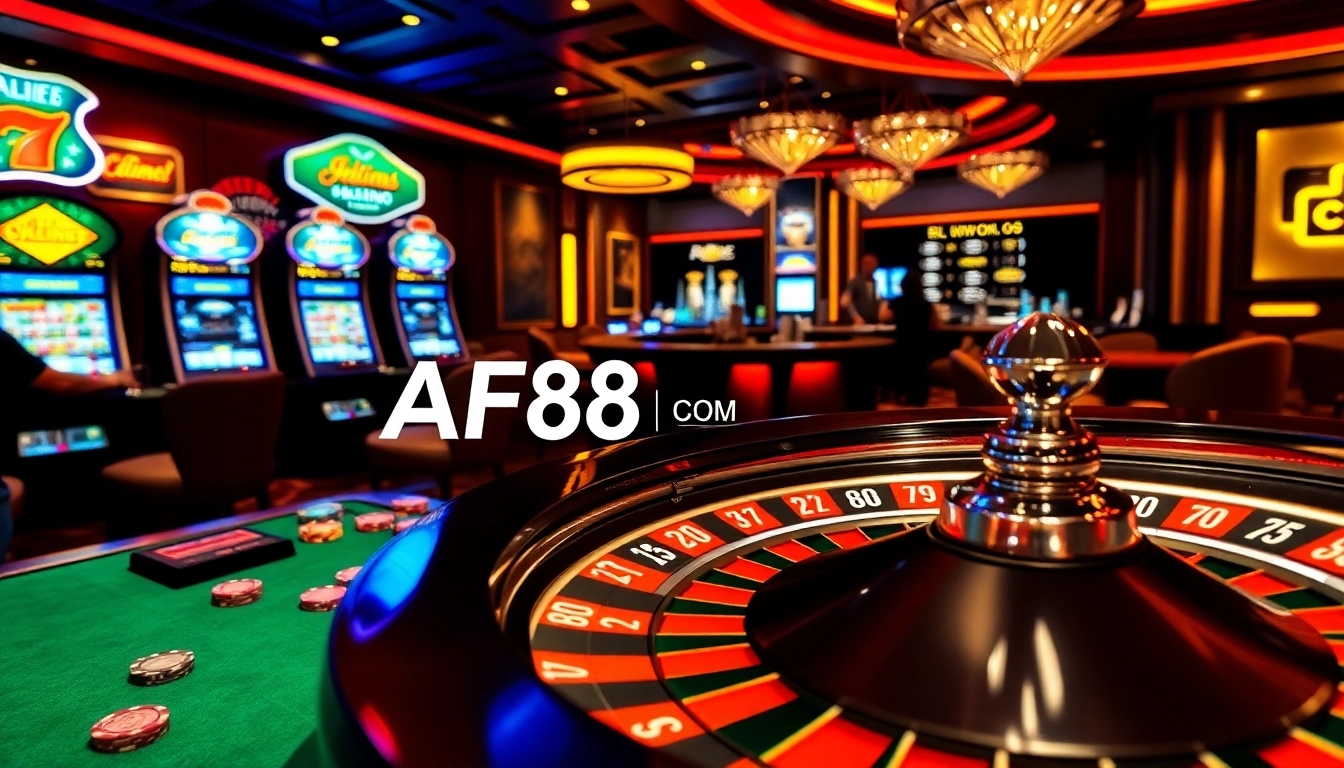Capturing the excitement of gambling at AF88 COM with a lively casino scene featuring a roulette wheel and players.