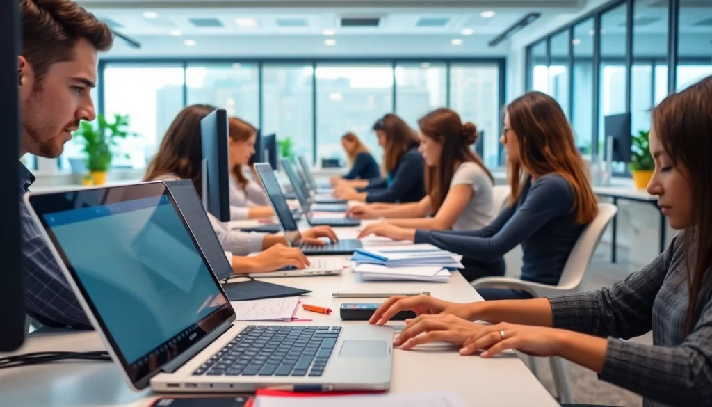 Efficient typing center showcasing professionals engaged in typing tasks within a bright office.