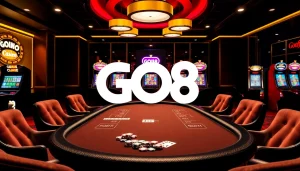 Experience exciting gaming at GO8 with stylish poker chips and vibrant slot machines.