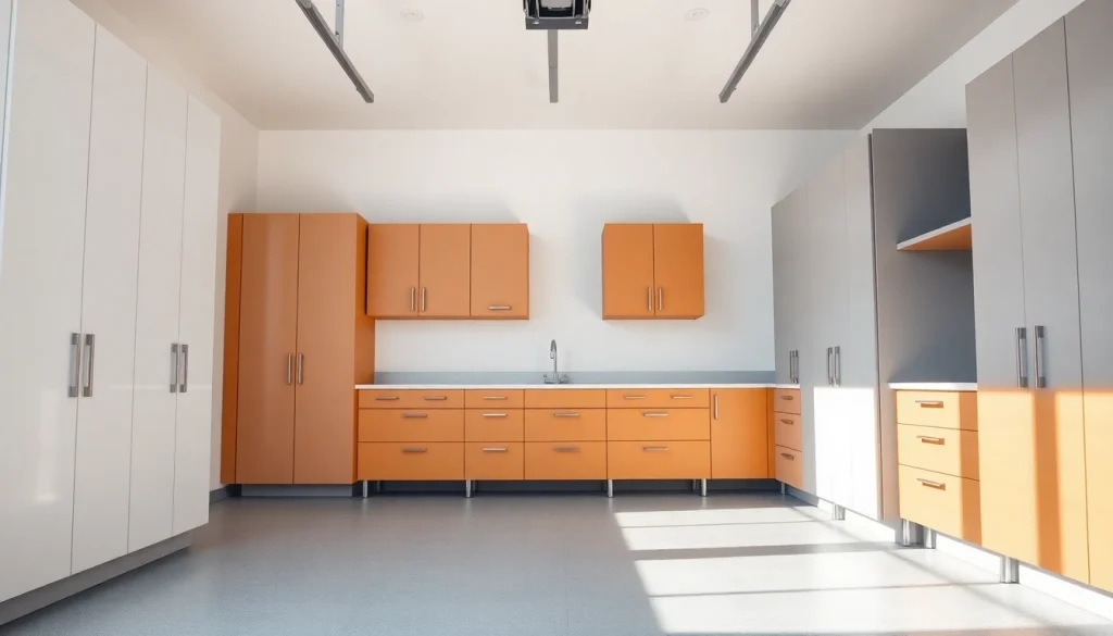 Garage cabinets showcasing sleek design and organization in an immaculate garage space.