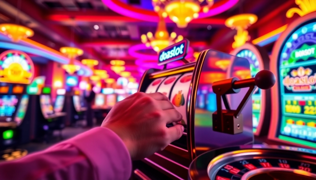 Spinning the doaslot slot machine amid a vibrant casino setting filled with poker chips.