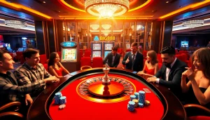 Experience the excitement of gambling at BIG88.BAR with players around a vibrant casino table.