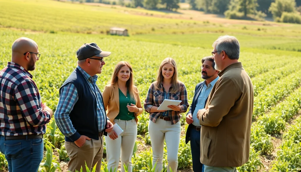 Farmers engaged in a dialogue about agriculture law in a vibrant rural setting.