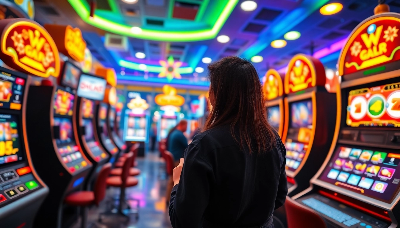 Menggambarkan keseruan petani toto dengan mesin slot digital dan suasana permainan yang semarak.