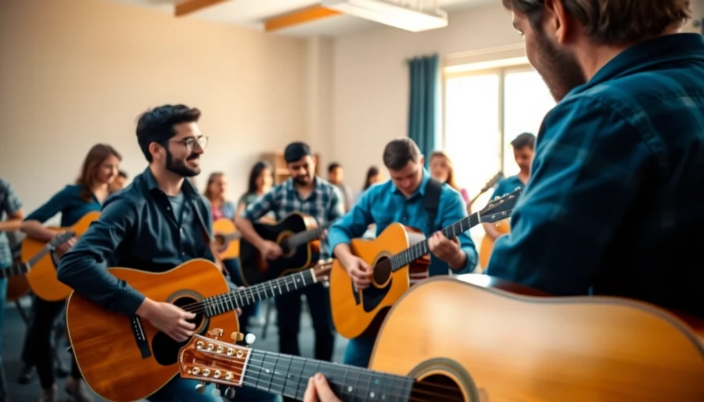 Engaging guitar lesson at https://guitarlessons.co.uk with instructor and diverse students in a bright space.