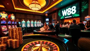 Winning players celebrate their success at W88's vibrant casino tables, embracing luxury and excitement.