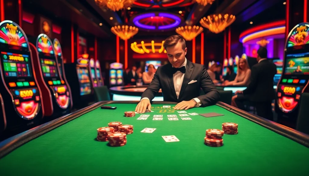 Experience the thrill of live casino action at https://kjc.onl/, featuring glamorous poker tables and slot machines.