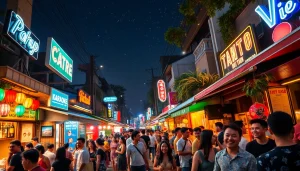 Experience 베트남밤문화 with a lively street scene showcasing vibrant nightlife, outdoor bars, and karaoke.