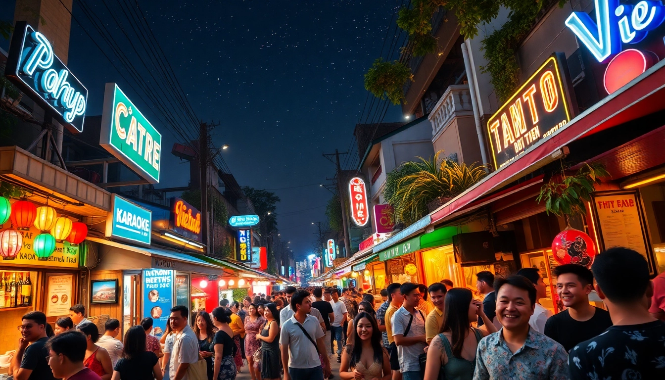 Experience 베트남밤문화 with a lively street scene showcasing vibrant nightlife, outdoor bars, and karaoke.