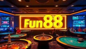 Exciting Fun88 gaming scene featuring casino tables and vibrant ambiance.