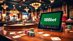 Experience the thrill of betting with 188bet's exciting casino atmosphere filled with roulette wheels and poker chips.