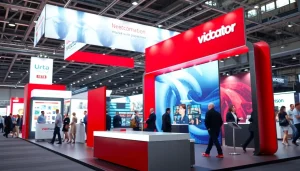 Showcase trade show booth with modern design and vibrant display elements.