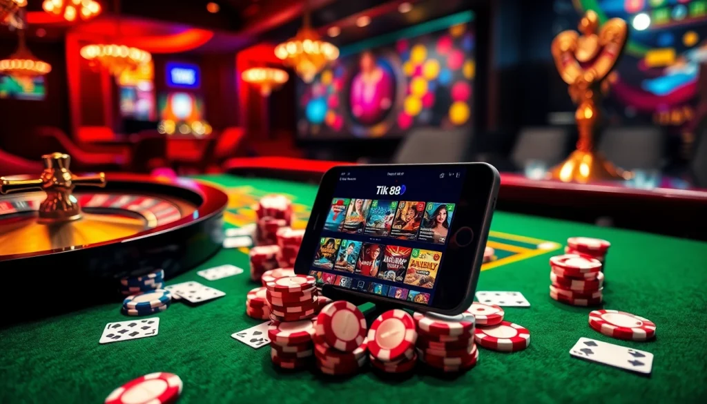 Trải nghiệm sự kịch tính của Tik 88 với cảnh cá cược di động sang trọng, có chip poker và các trò casino.