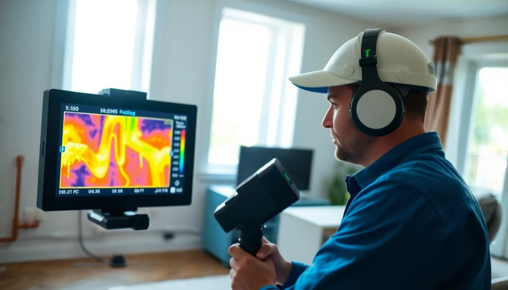 Leak Detection Specialist utilizing thermal imaging technology to locate hidden leaks in a home setting.