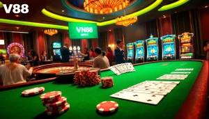 Players strategizing bets at a lavish VN88 casino poker table with vibrant chips and cards.