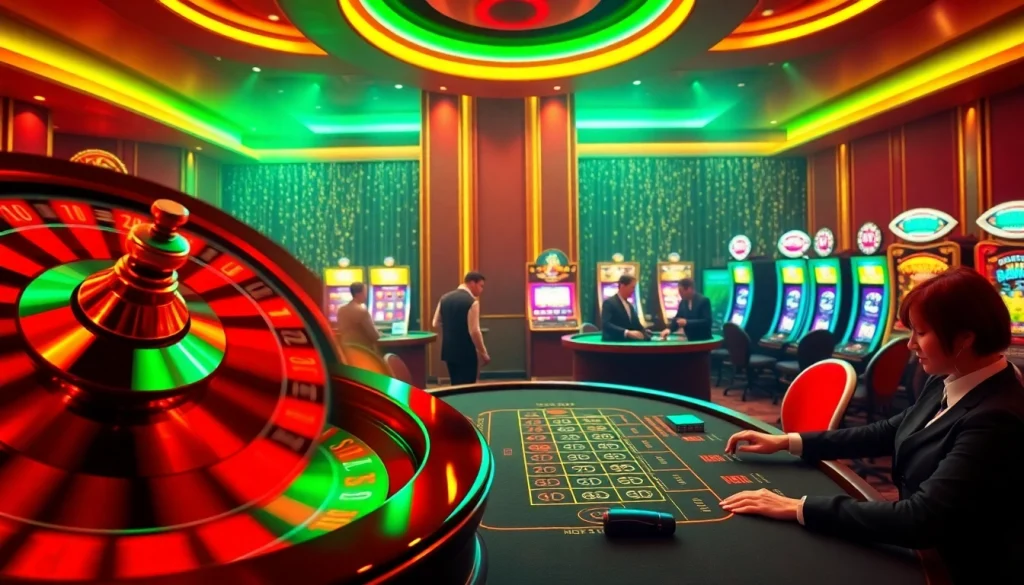 Experience the thrilling moments at Nhà cái OK365 with players enjoying blackjack and vibrant slot machines.