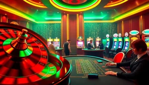 Experience the thrilling moments at Nhà cái OK365 with players enjoying blackjack and vibrant slot machines.