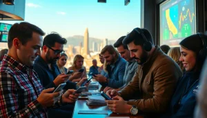 Engaging scene of sports betting in California with bettors using mobile devices in a vibrant setting.