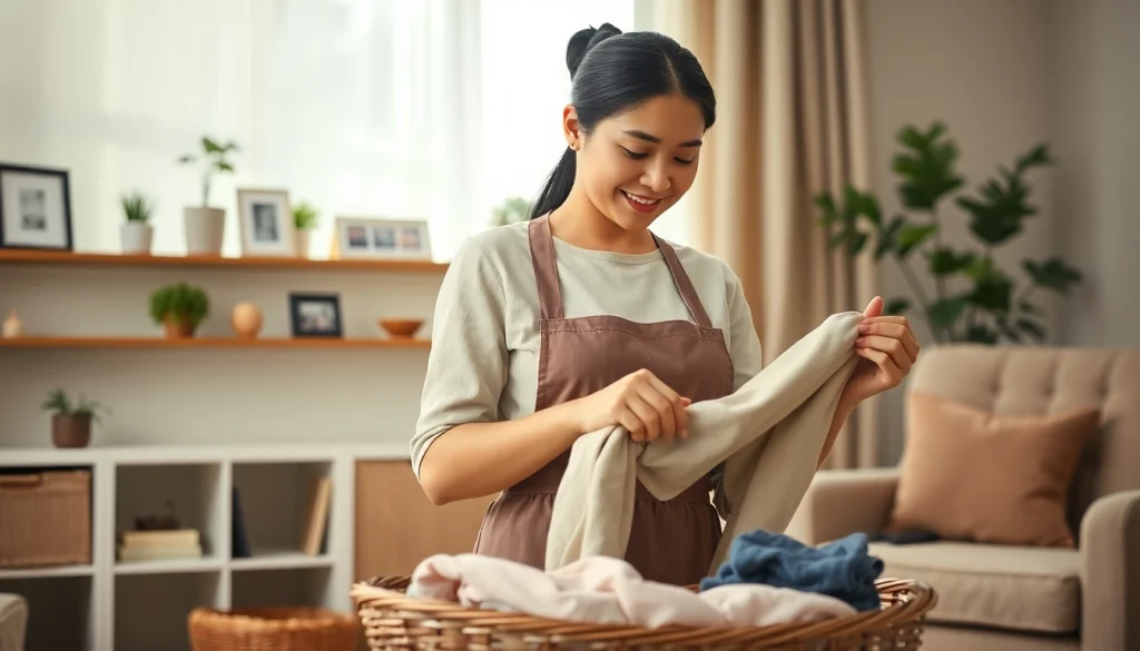 Efficient myanmar maid folding laundry in a bright, cozy living room showcasing a warm atmosphere.