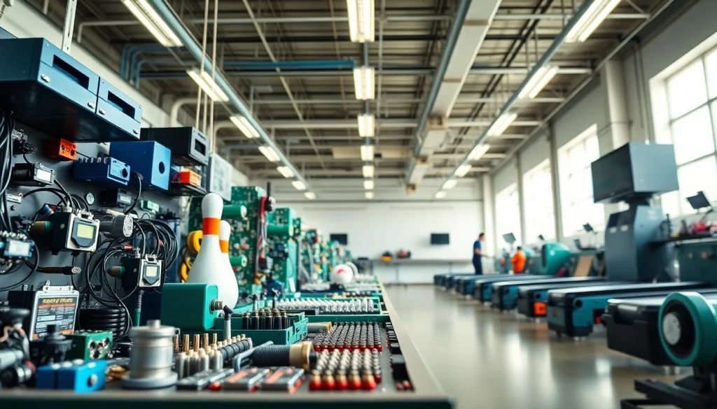 Bowling parts for Brunswick including electronic components and pinsetter spare parts in a professional workshop setting.