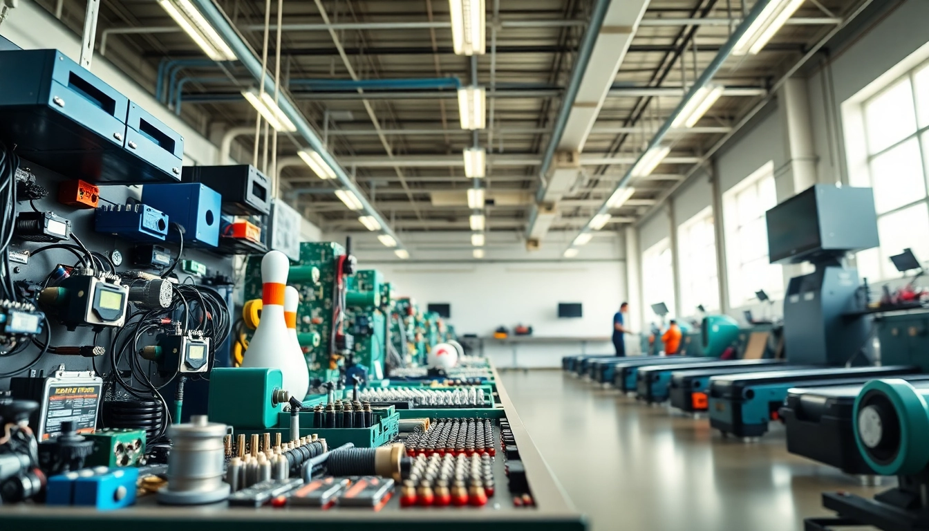 Bowling parts for Brunswick including electronic components and pinsetter spare parts in a professional workshop setting.