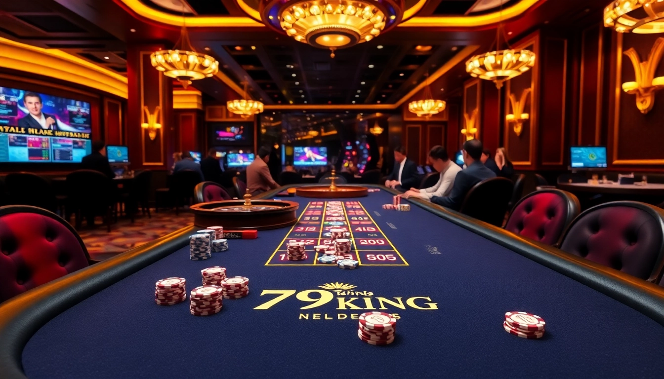 Experience high-stakes gaming at 79king's luxurious casino tables, complete with vibrant poker chips and a roulette wheel.