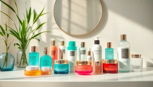 Bästa K-beauty-produkter visas elegant på ett modernt sminkbord som framhäver lyx och fräschör.