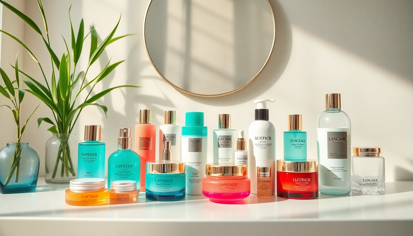 Bästa K-beauty-produkter visas elegant på ett modernt sminkbord som framhäver lyx och fräschör.