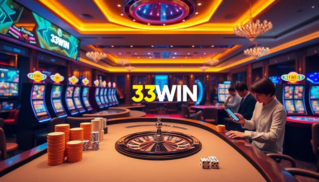 Experience the excitement of online gambling at 33win.services with a vibrant casino setting and players engaging in thrilling games.