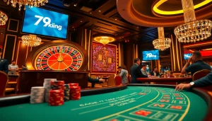 Players enjoying the thrill of gaming at 79king's luxurious casino tables, surrounded by cards and chips.