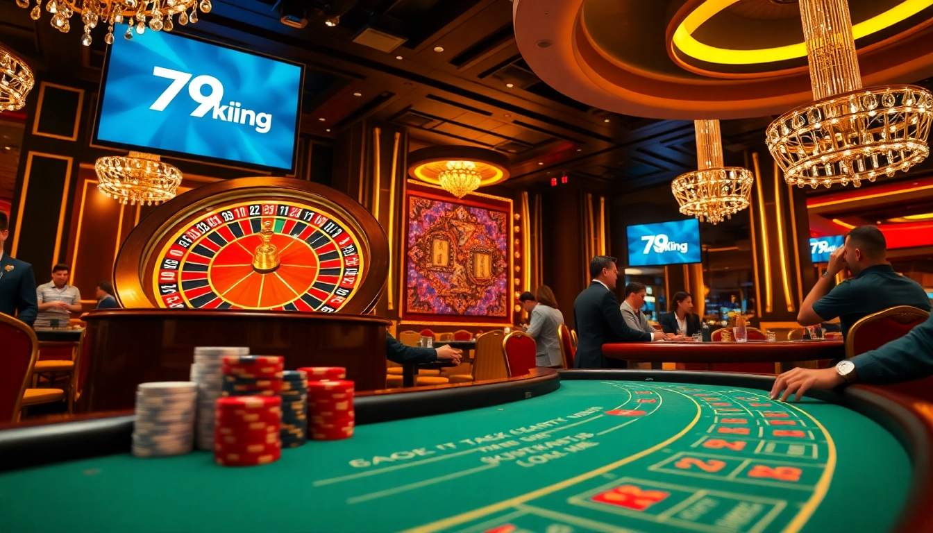 Players enjoying the thrill of gaming at 79king's luxurious casino tables, surrounded by cards and chips.