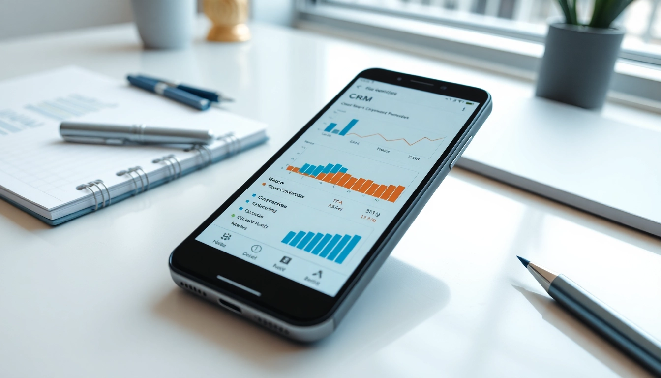 Showcasing mobile crm functionalities on a smartphone with a professional office setup in the background.
