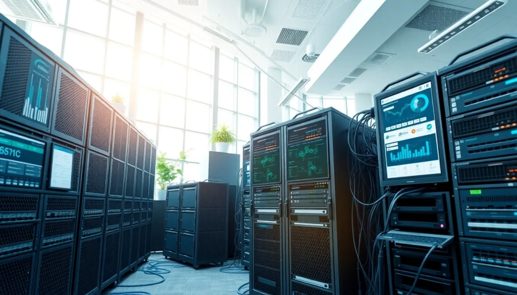 Illustration of a network infrastructure in a modern office featuring organized servers and networking equipment.