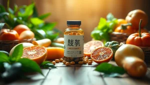 新鮮な果物と野菜とともに、穏やかなウェルネス環境で健康的な葉酸サプリメント。