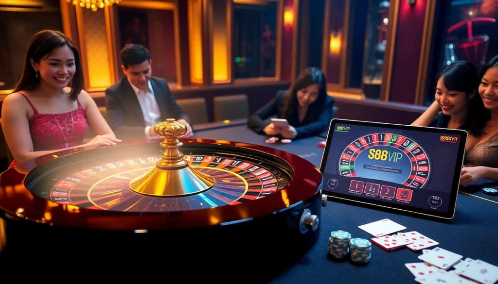 S88VIP players enjoying an exciting online casino game with poker chips and a roulette wheel.