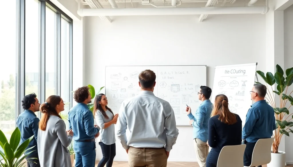 Group collaborating on ideas for an ai startup in a bright office.