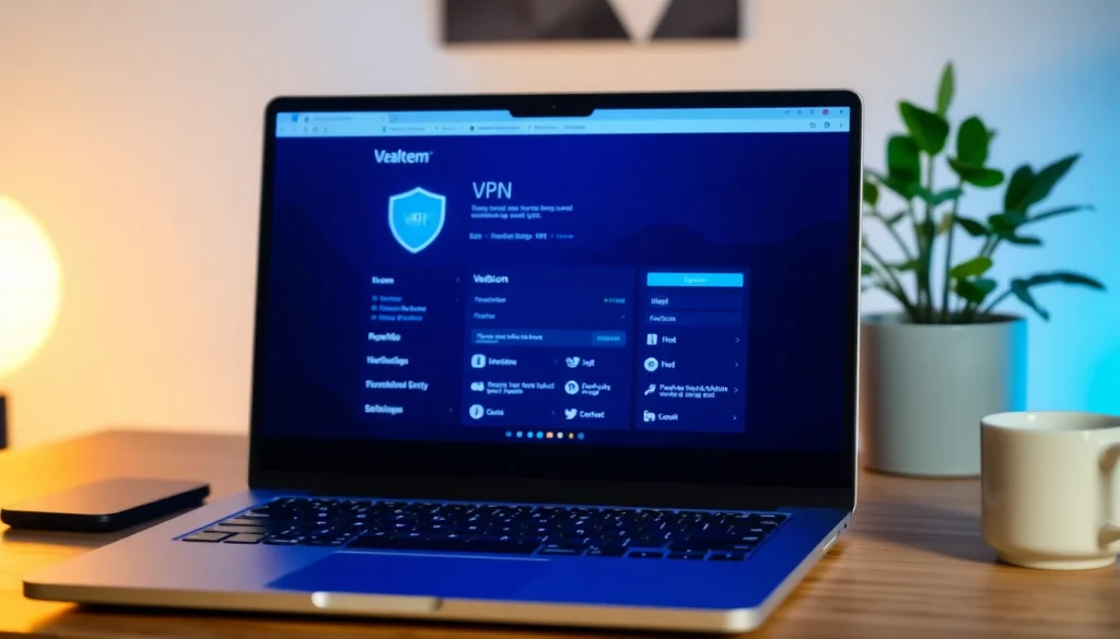 vpn free download guide displayed on a laptop screen in a cozy home office environment.