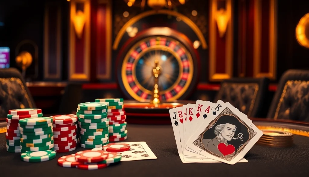 A thrilling gambling scene showcasing poker chips and online betting interface at https://bl-555.io/ within a luxurious casino setting.