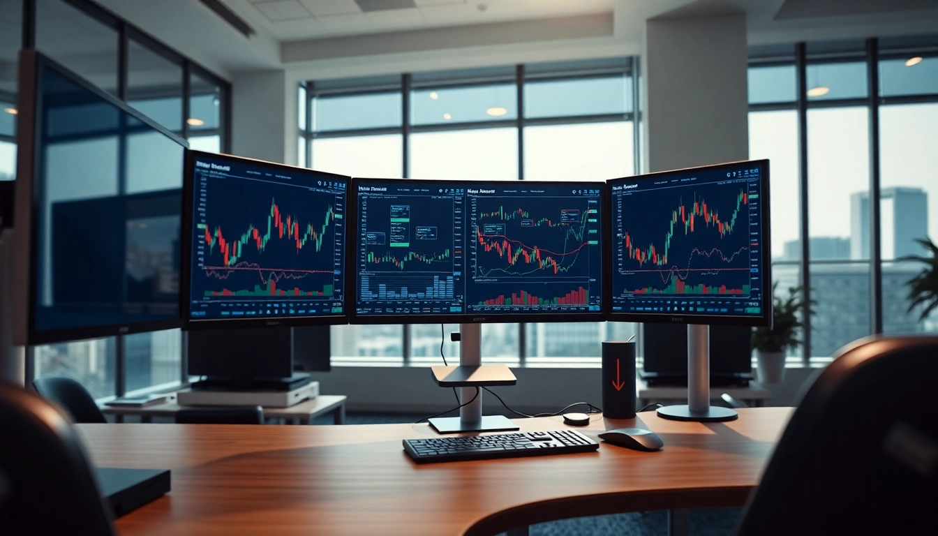 Visualize a forex trading workspace featuring hotforex mt4 on multiple screens in a modern office.
