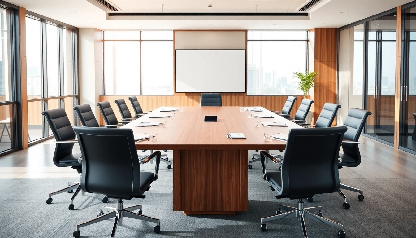 Engaging conference table setup in a modern office promoting collaboration and productivity.