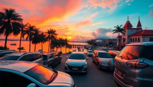 Kuching rent a car options near the scenic waterfront at sunset