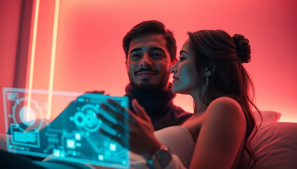 AI sex technology enhancing romantic connections in a warm, futuristic setting.