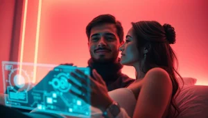 AI sex technology enhancing romantic connections in a warm, futuristic setting.