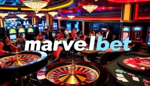 Marvelbet logo illuminated at a luxurious casino filled with joyful gamblers and games.